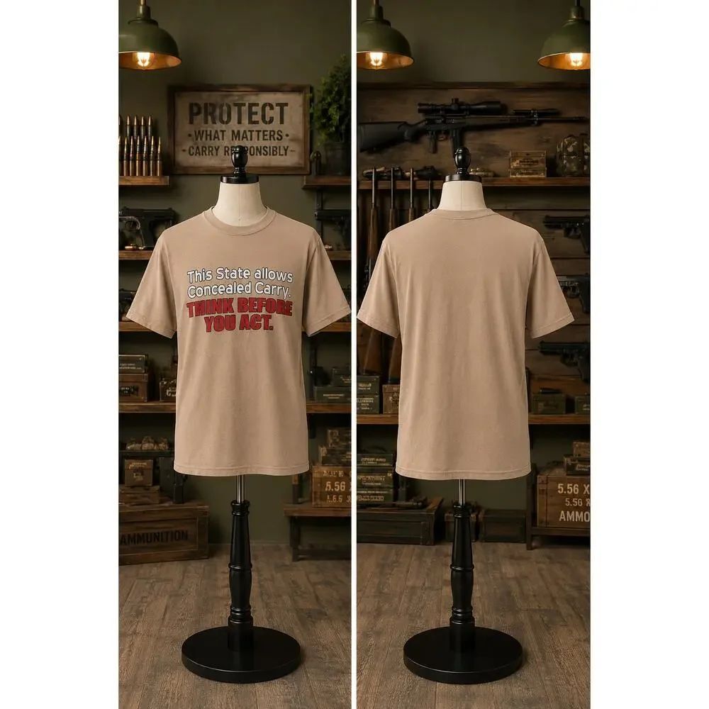 Concealed Carry Think Before You Act Graphic Tee Tan Men’s Large